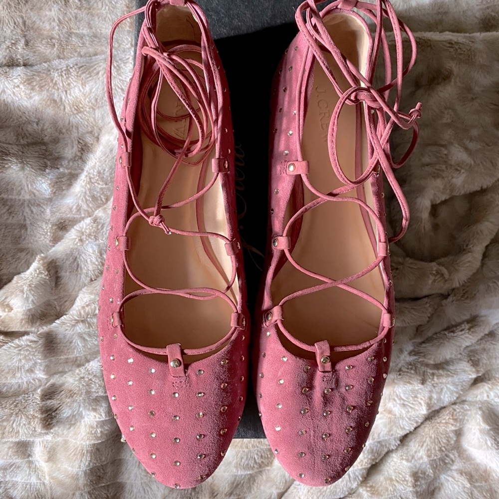 NIB JCREW STUDDED SUEDE LACE UP BALLET FLATS 11